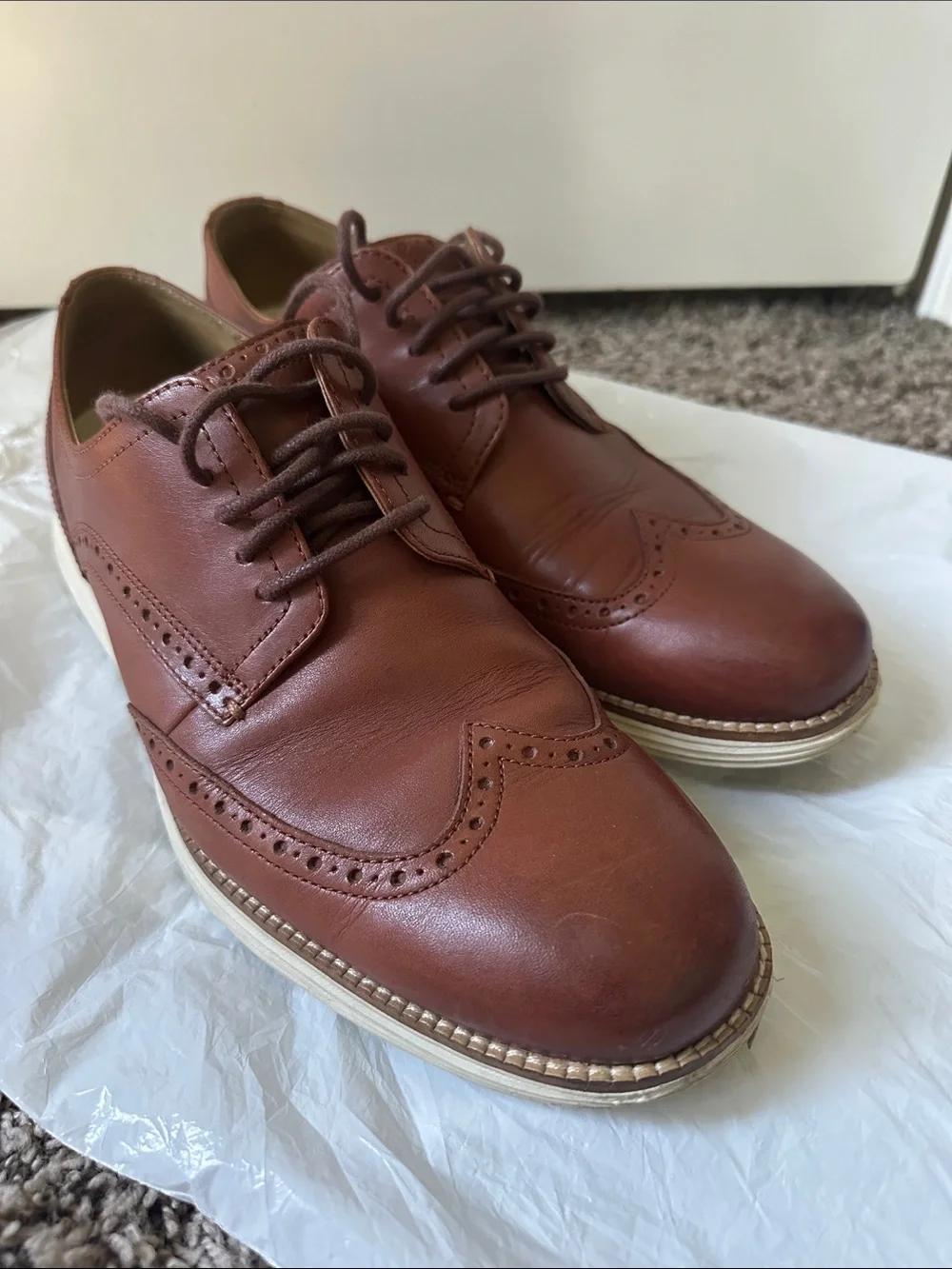 Cole Haan Brown Leather Wingtip Derby Oxfords with White Contrast Sole